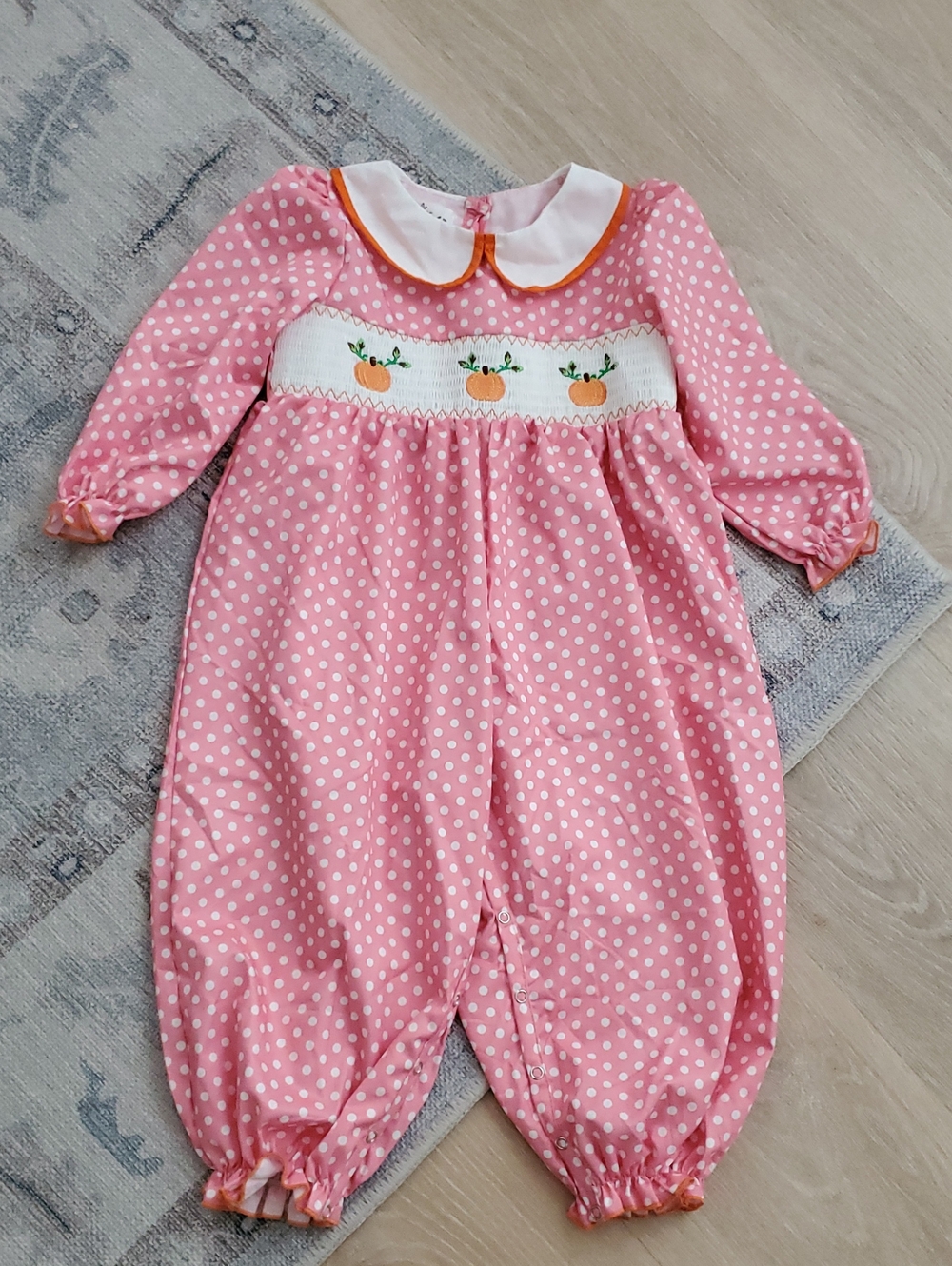 Marie Nicole Pink Polka Dot One-Piece Pumpkin Smock Romper Sz2T